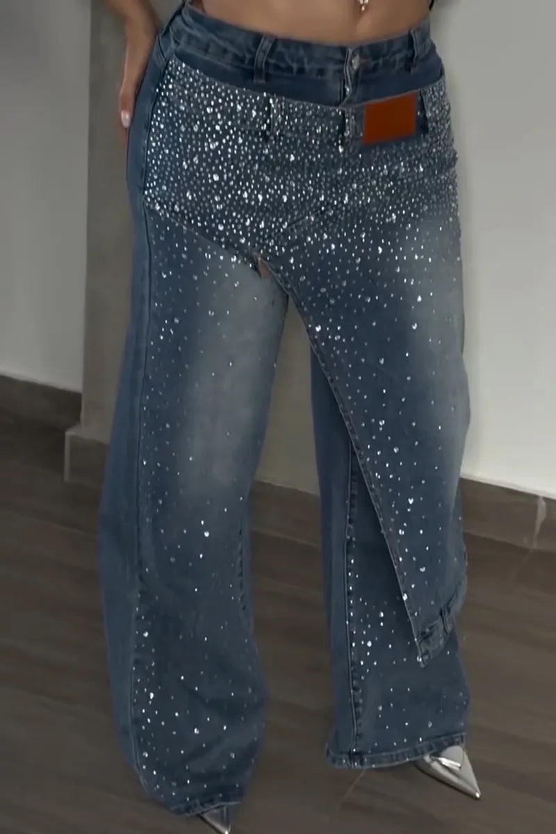 Women's Casual Rhinestone Decoration Double Layer Faux Two-Piece Wide Leg Jeans