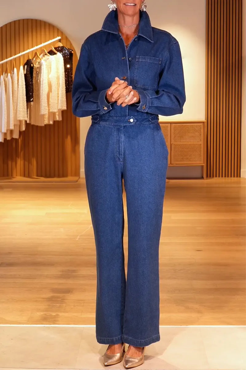 Women's Collar Patchwork Back Hollow Out Temperament Casual Denim Jumpsuit