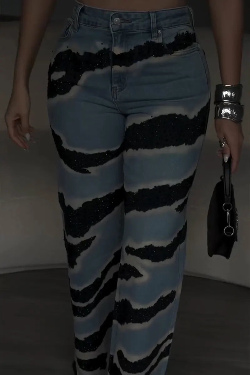 Women's Fashion Pattern Rhinestone Decoration Wide Leg Jeans