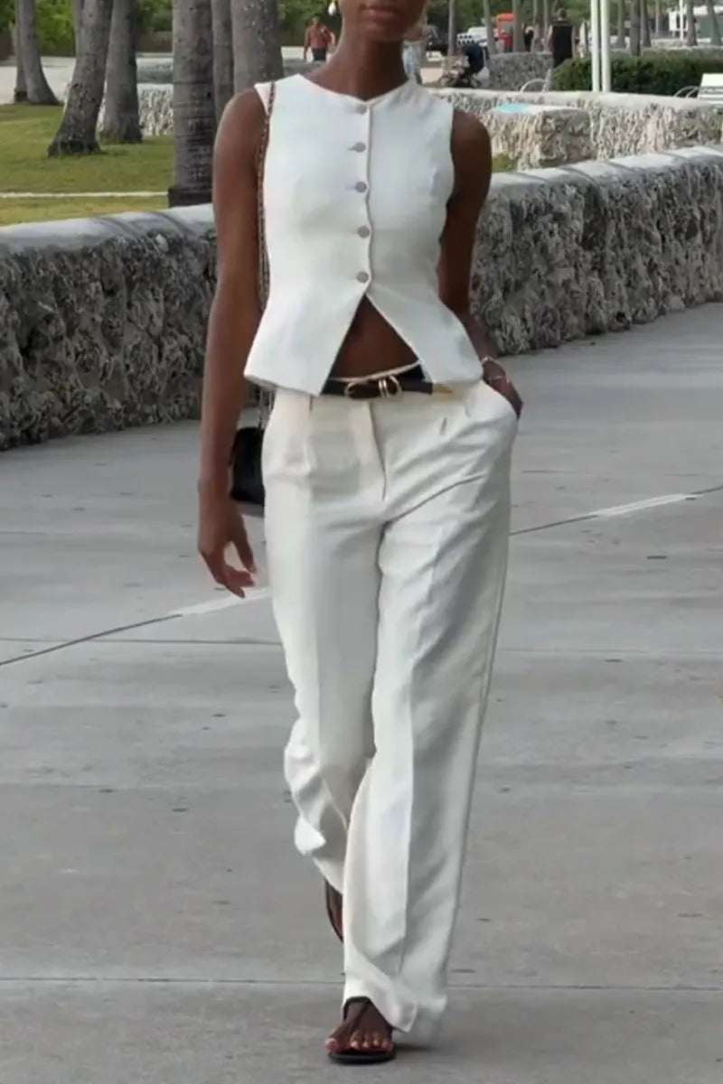 Women's Round Neck Sleeveless Breasted Top+ Pants Casual Suit