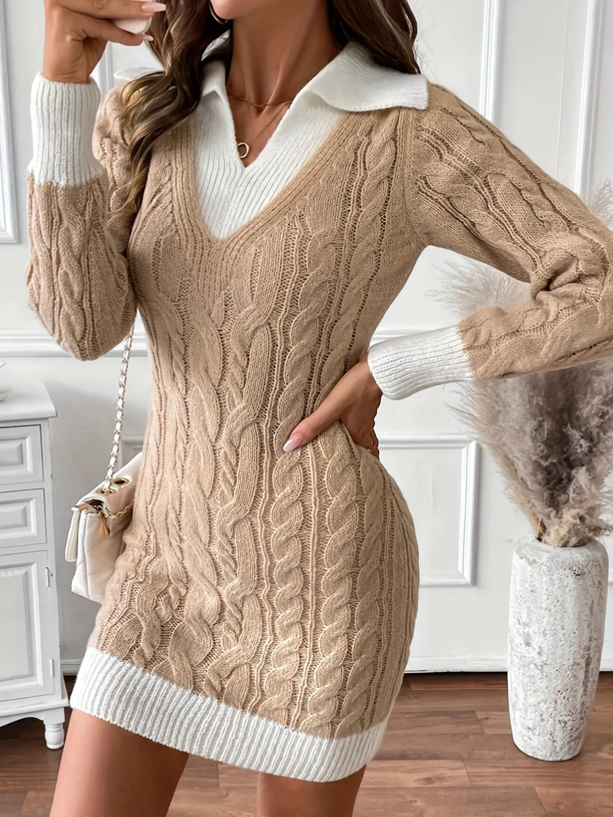 ( In stock)Womens Doll Collar Color Plug Knitted Short Dress