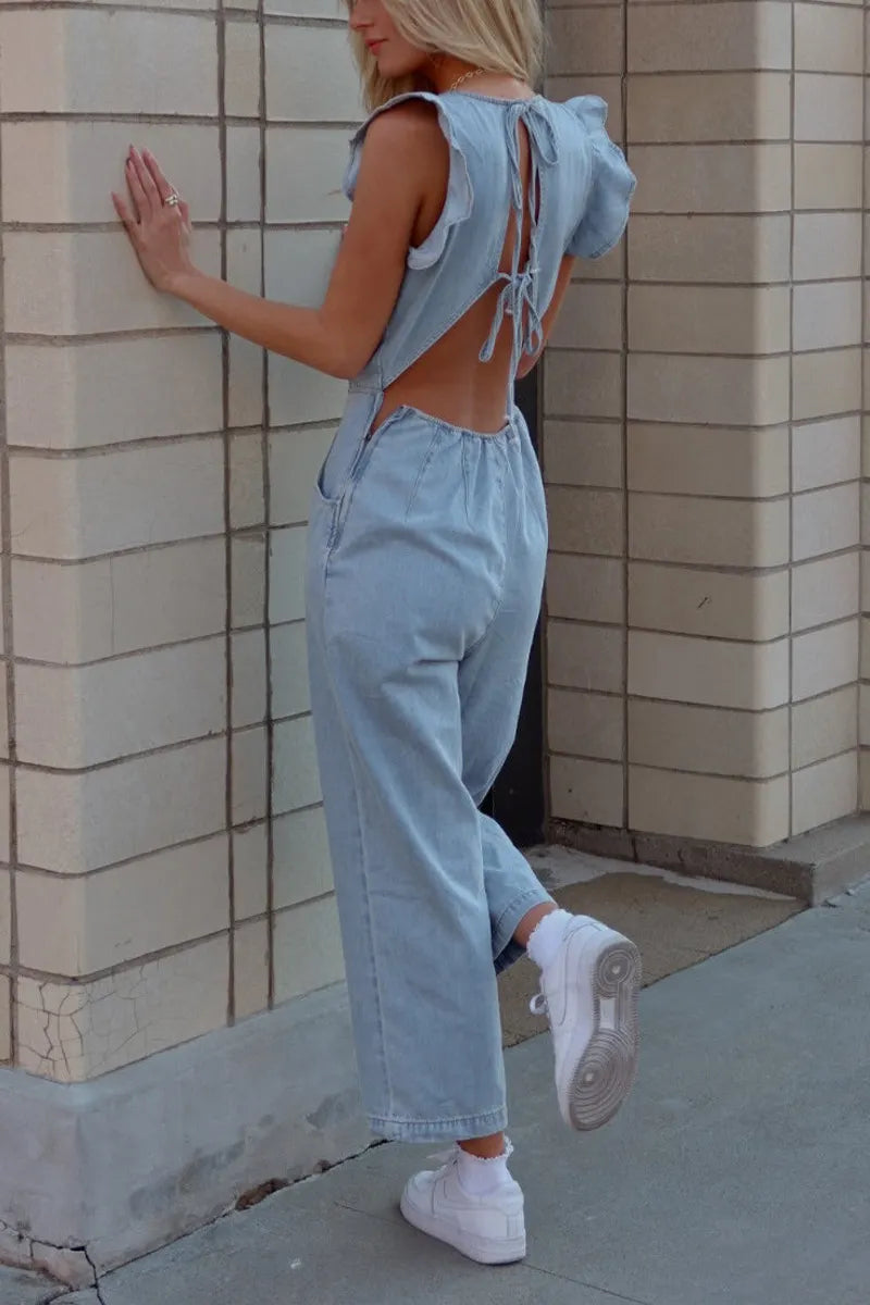 Women's  Casual Light Wash Ruffle Sleeveless Open Back Tie Denim Jumpsuit