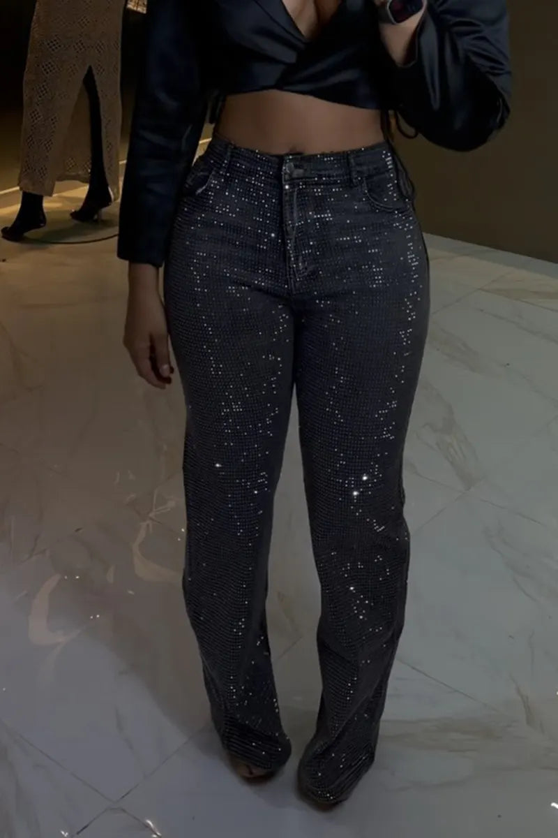 Women's Fashion Shiny Rhinestone Wide Leg Jeans