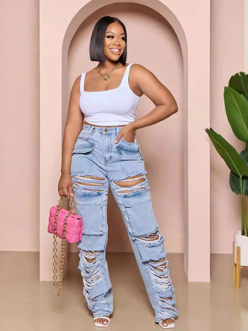 Casual Loose Fit High-Rise Wide Leg Ripped Jeans