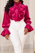 Women's Victorian Ruffle Velvet Blouse Long Bell Sleeve Button Down Shirt Mock Neck Pearl Cuff Party Evening Cocktail Tops