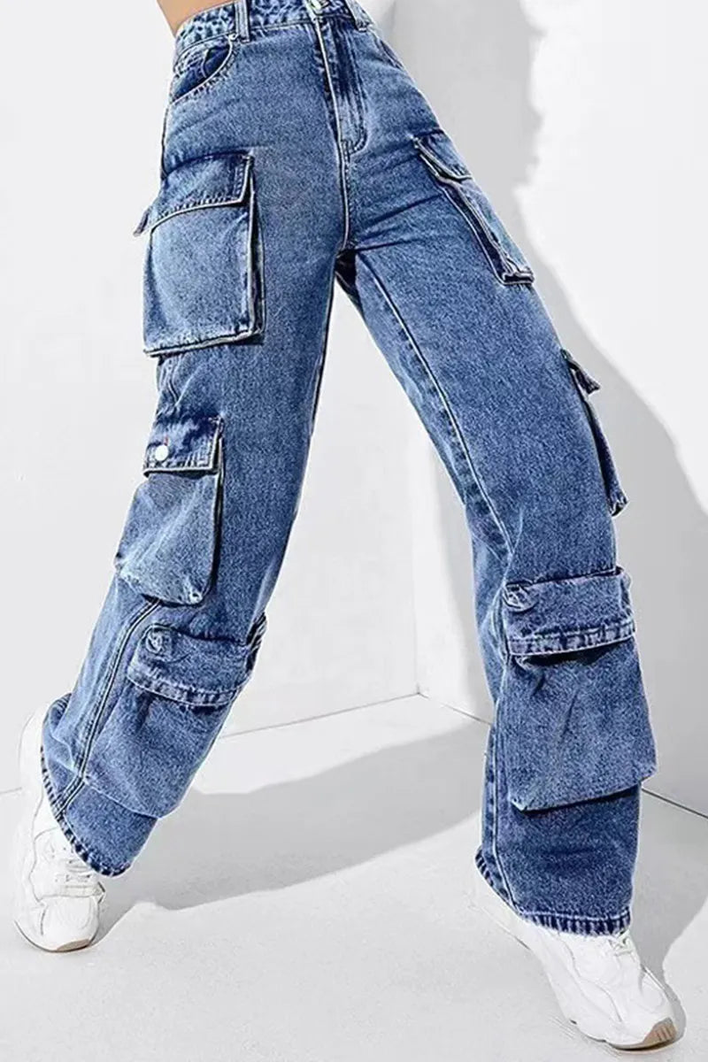 Casual High-Rise Flap Pocket Cargo Jeans