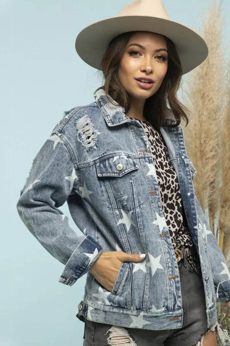 Casual Star Pattern Ripped Washed Denim Jacket