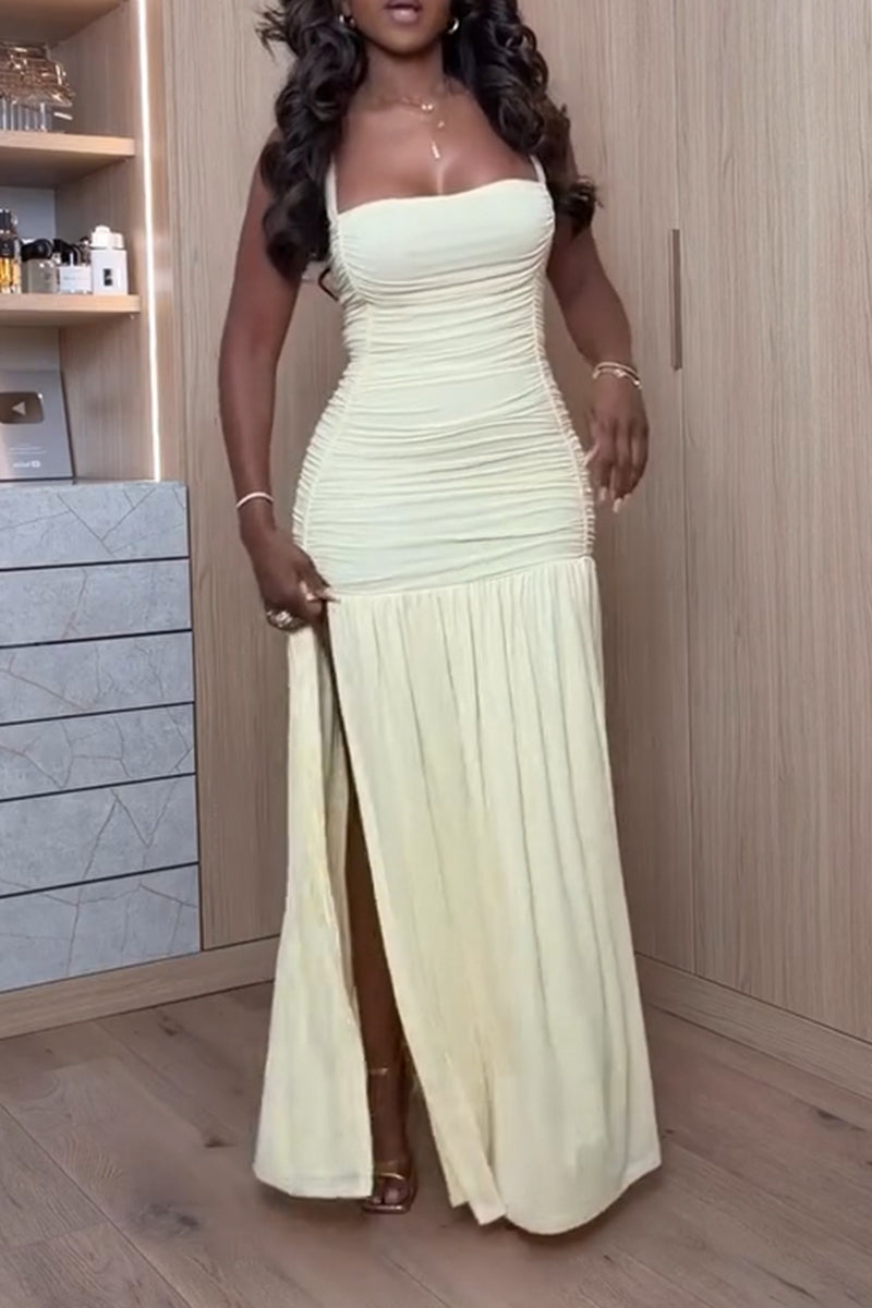 Women's Elegant Pleated Slit Hem Maxi Dress