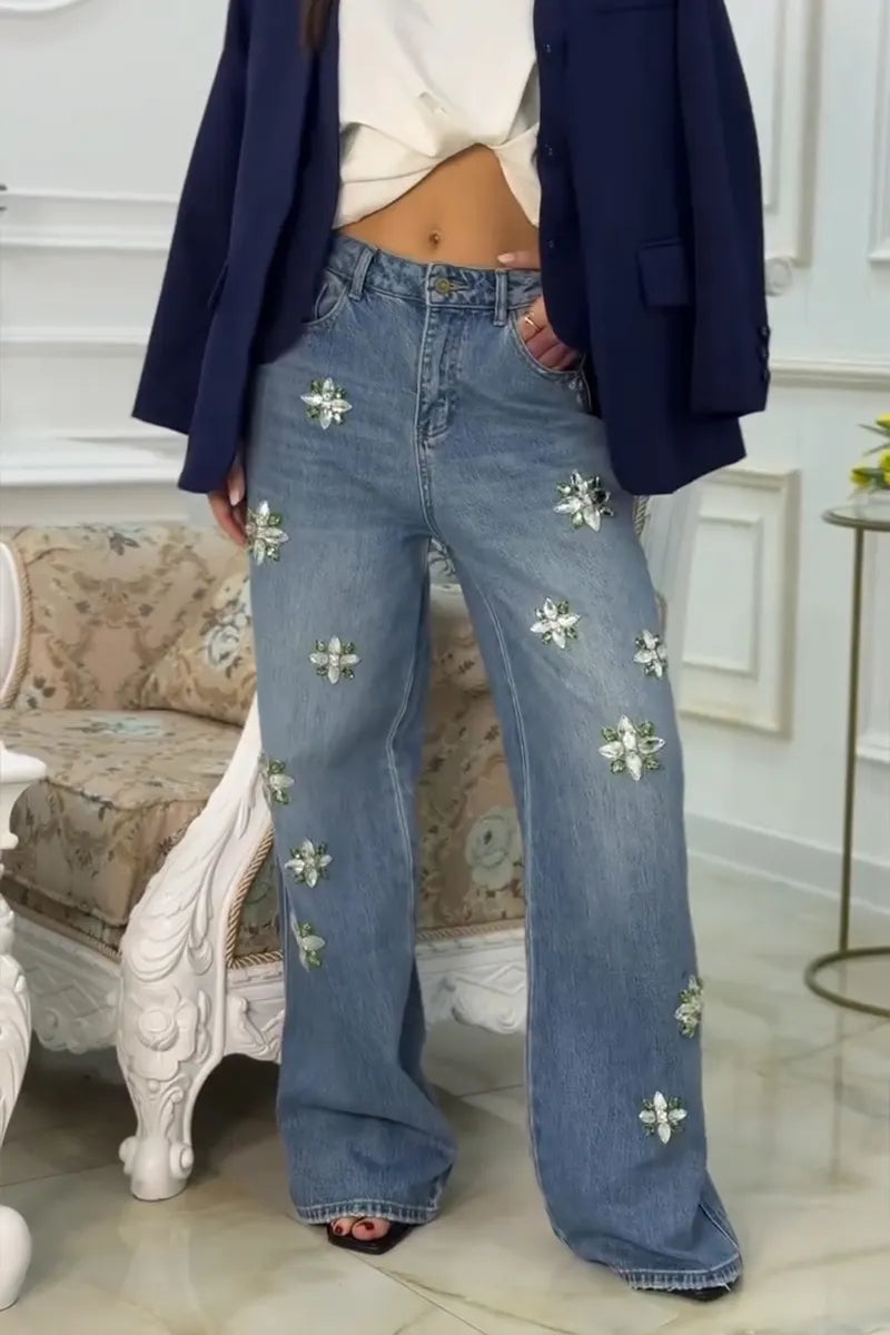 Women's Fashion Rhinestone Floral Trim Jeans
