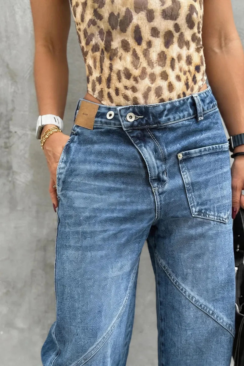 Women's Fashion Asymmetric Waist Pocket Patch Jeans