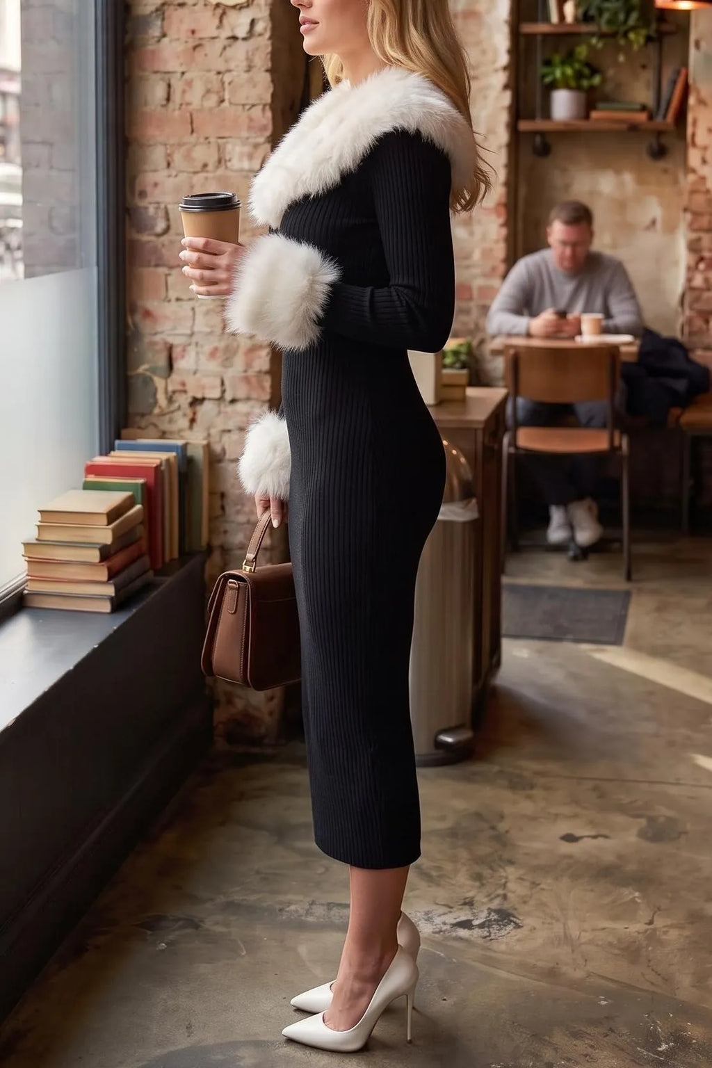 Women's French Chic Bow Tie Faux Fur Collar Rib-Knit Bodycon Dress