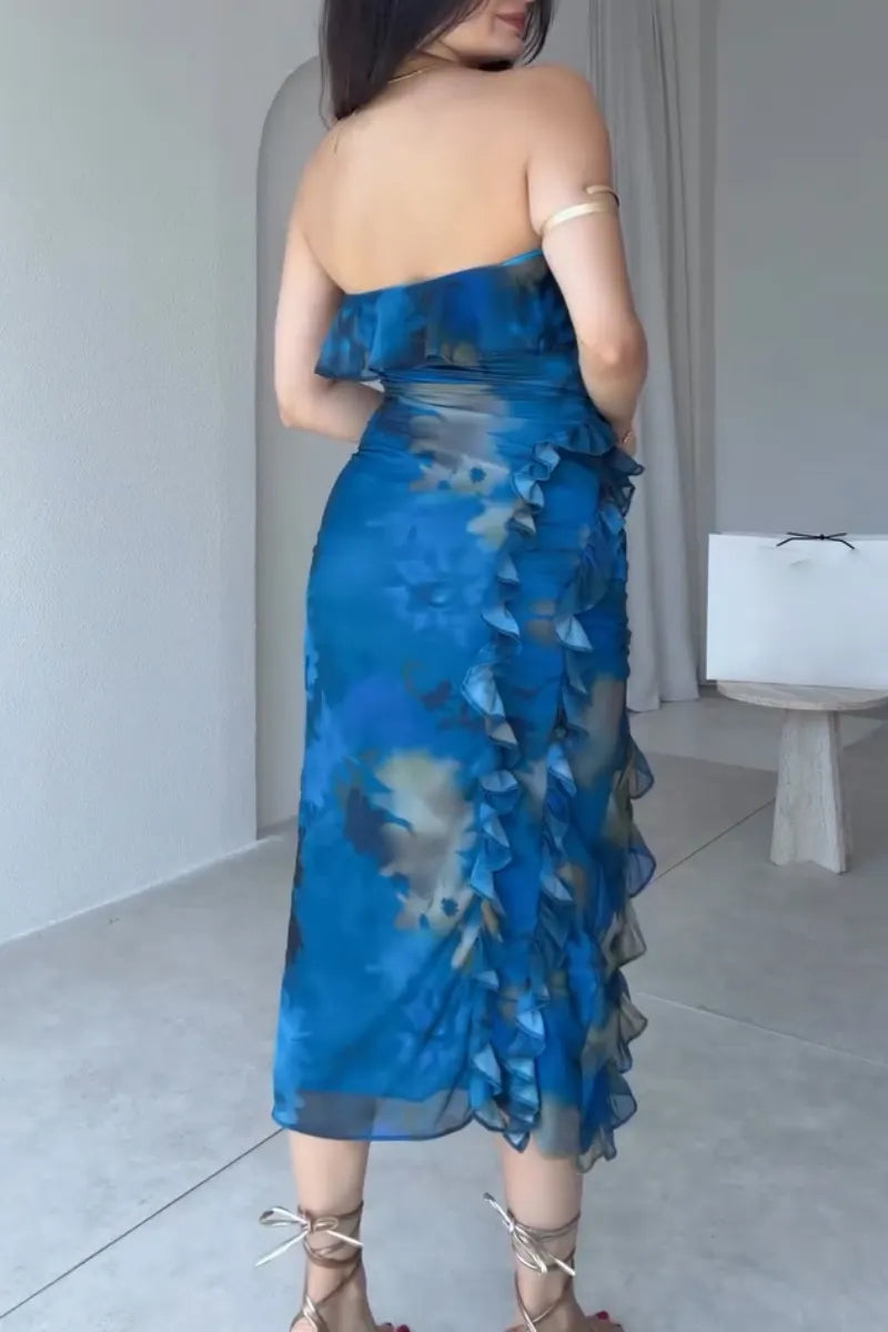 Women's Strapless Printed Patchwork Slit Elegant Temperament Dress
