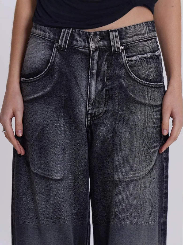 Vintage Distressed Ombre Wing Print Wide Leg Jeans