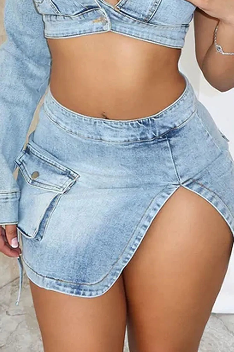 Women's Asymmetrical One Sleeve Top And High Slit Cargo Denim Skirt