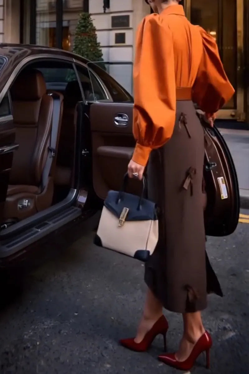 Women's Fashion Elegant Commuter Puff Sleeve Shirt or Bow Skirt