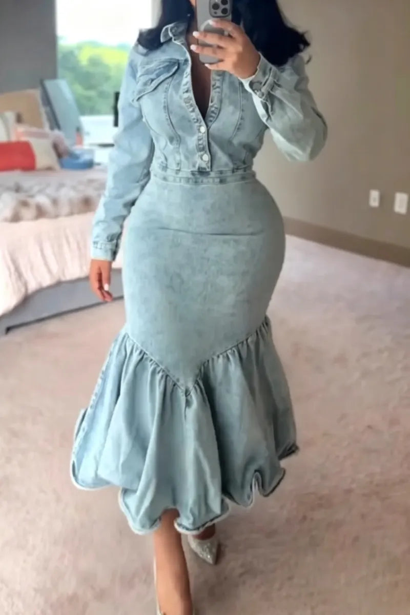 Women's Collar Wash Water Splicing Elegant Casual Denim Maxi Dresses