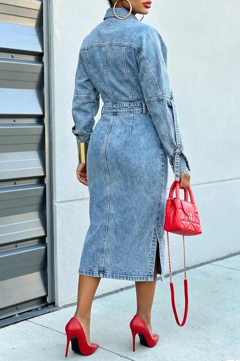 Women's Casual Lapel Zipper Denim Midi Dress
