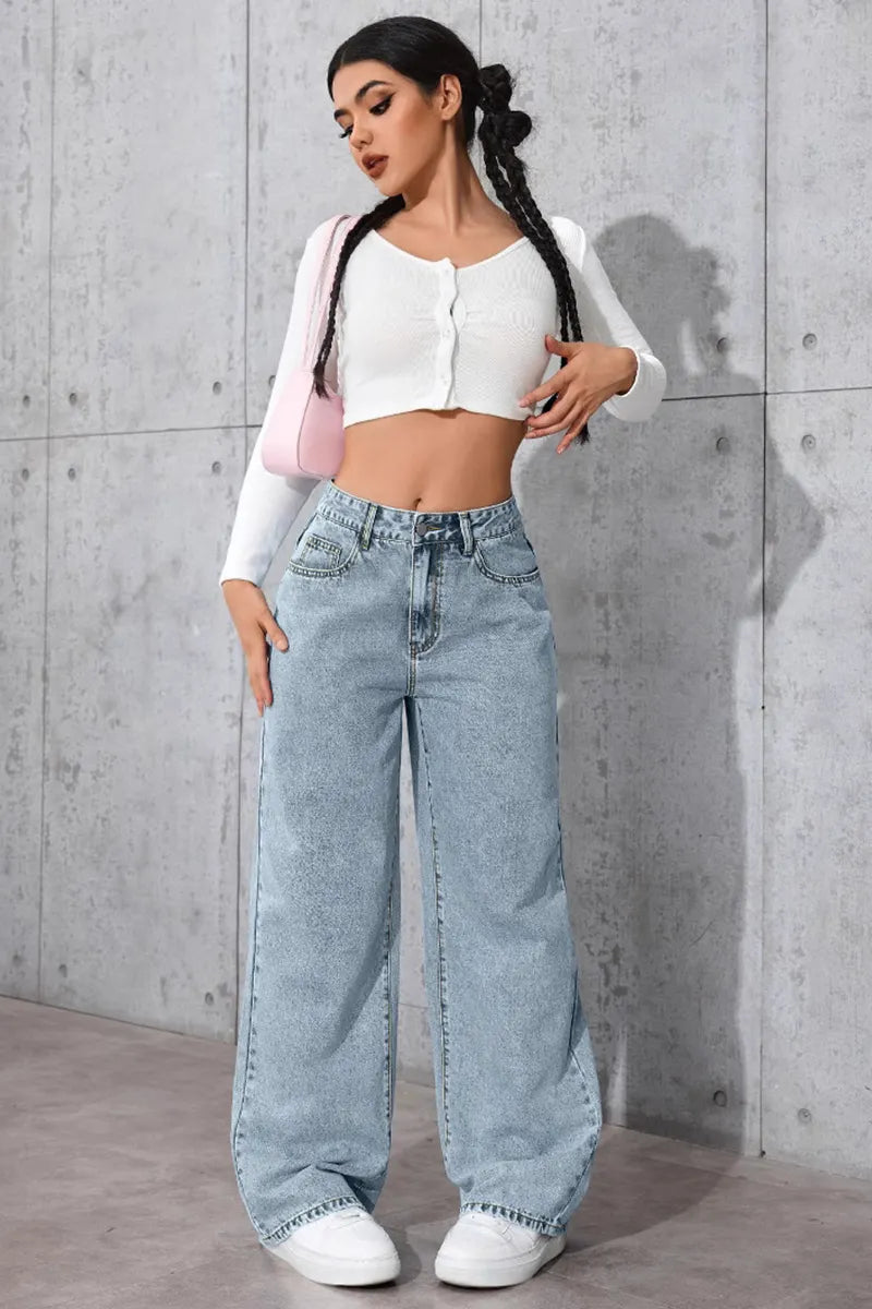 Casual Loose High Waisted Straight Denim Jeans