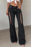 Women's Edgy High Waist Side Cutout Lace Up Washed Black Flare Jeans