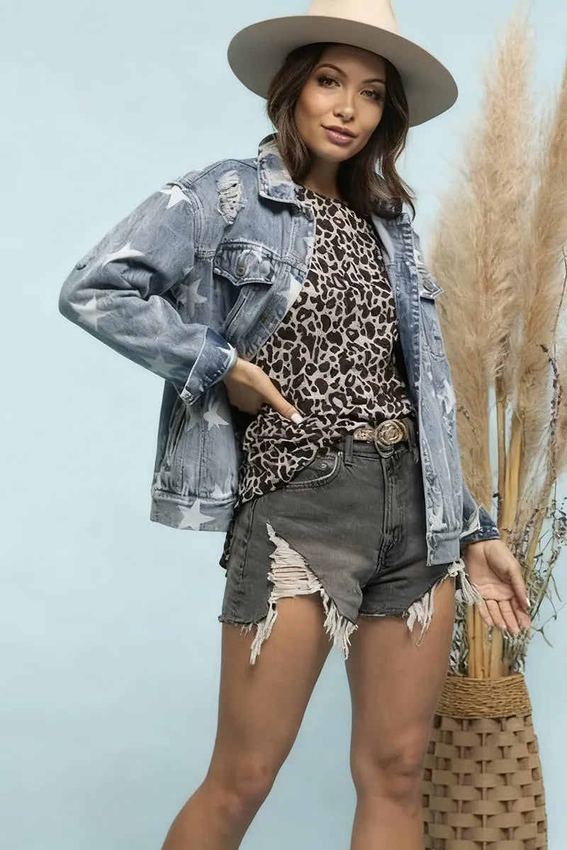 Casual Star Pattern Ripped Washed Denim Jacket