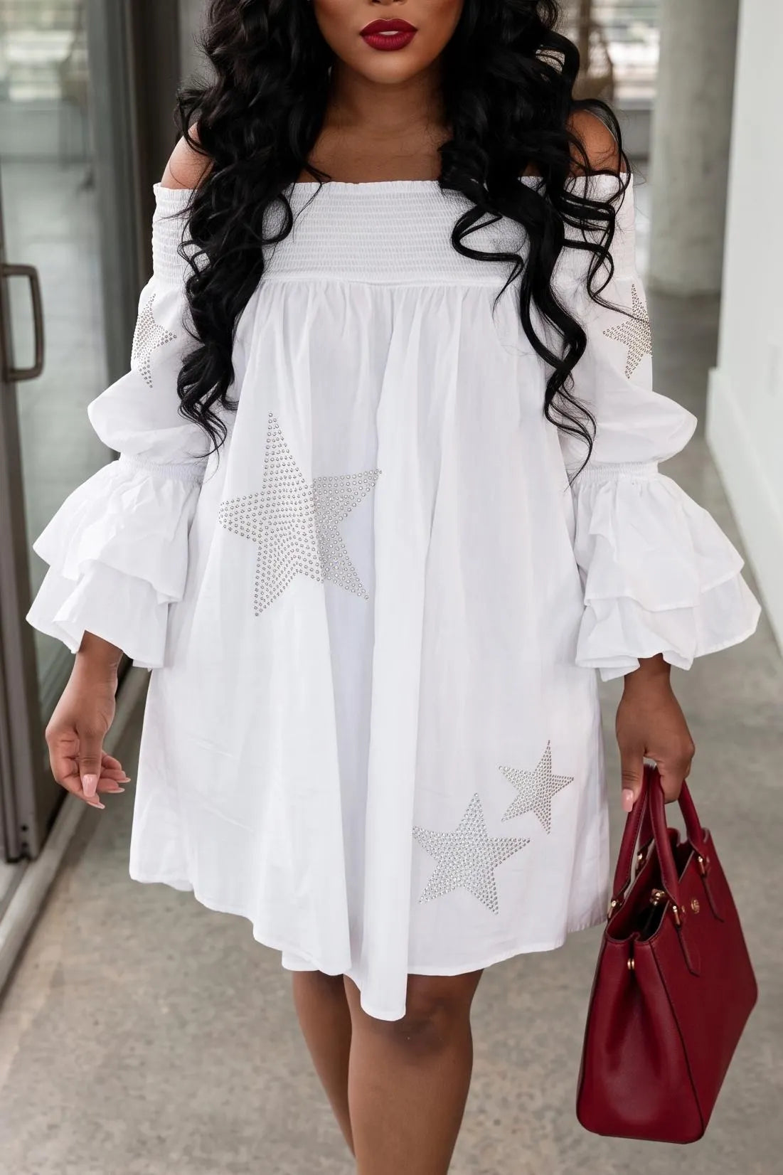 Women's Casual Off The Shoulder Mini Dress Tiered Ruffle Sleeve Star Graphic Loose Swing A-Line Short Dresses