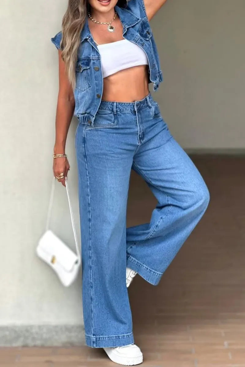 Hot Selling Women's Casual Denim Tops And Straight Leg Jeans