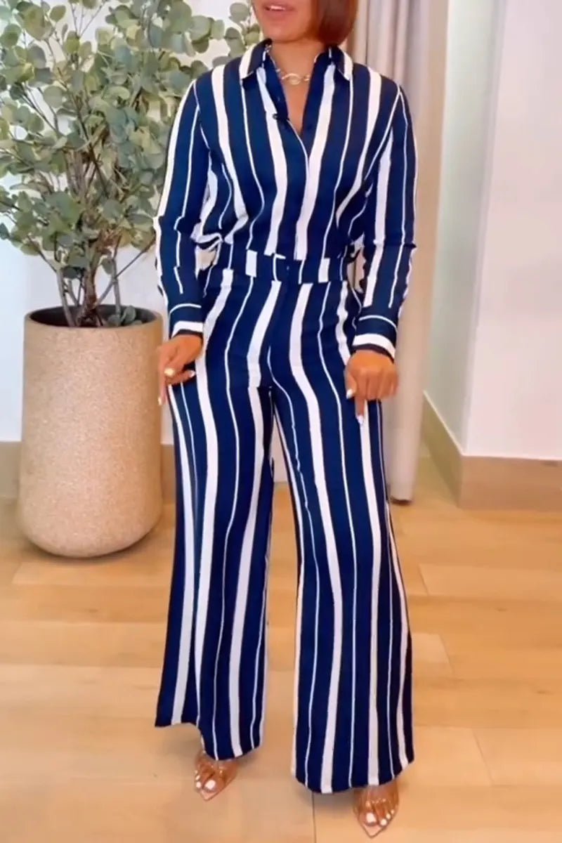 Women's Casual Daily Stripe Shirt Pants Two-Piece Set