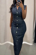 Women's Collar and Buckle Splicing Elegant Casual Denim Dress