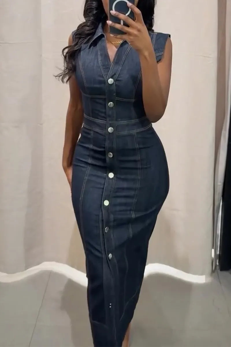 Women's Collar and Buckle Splicing Elegant Casual Denim Dress