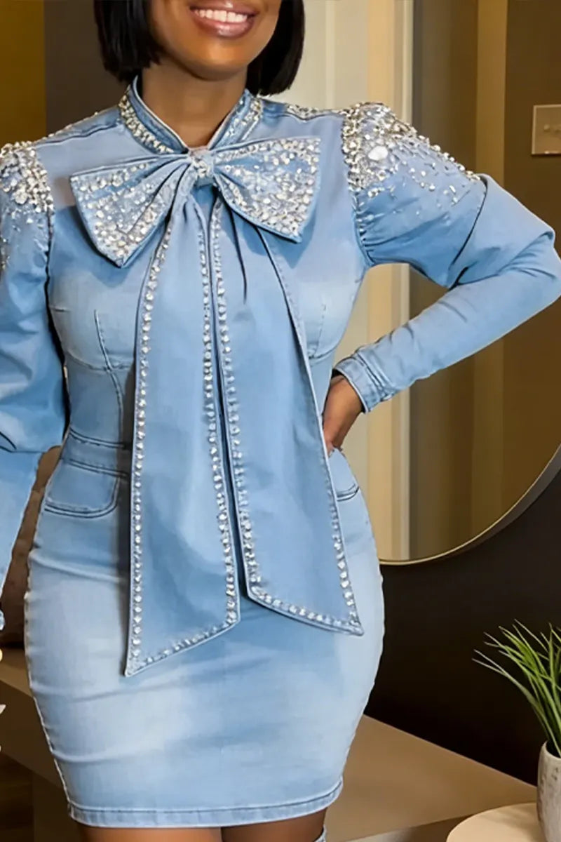Ladies' Bow Water Diamond Bubble Sleeve A-Line Denim Dress