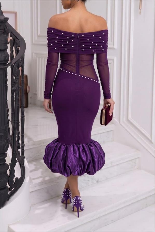 WOMEN'S Pearl Beaded Mesh Patchwork Off Shoulder Midi Dress Mermaid Bubble Hem Long Sleeve Sheer Sexy Party Dress