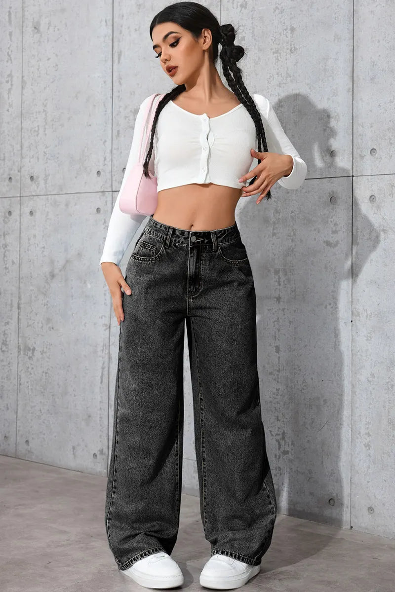 Casual Loose High Waisted Straight Denim Jeans