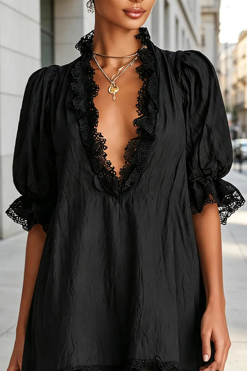 Women's Deep V-neck Patchwork Hollow Pattern Elegant Casual Irregular Dress