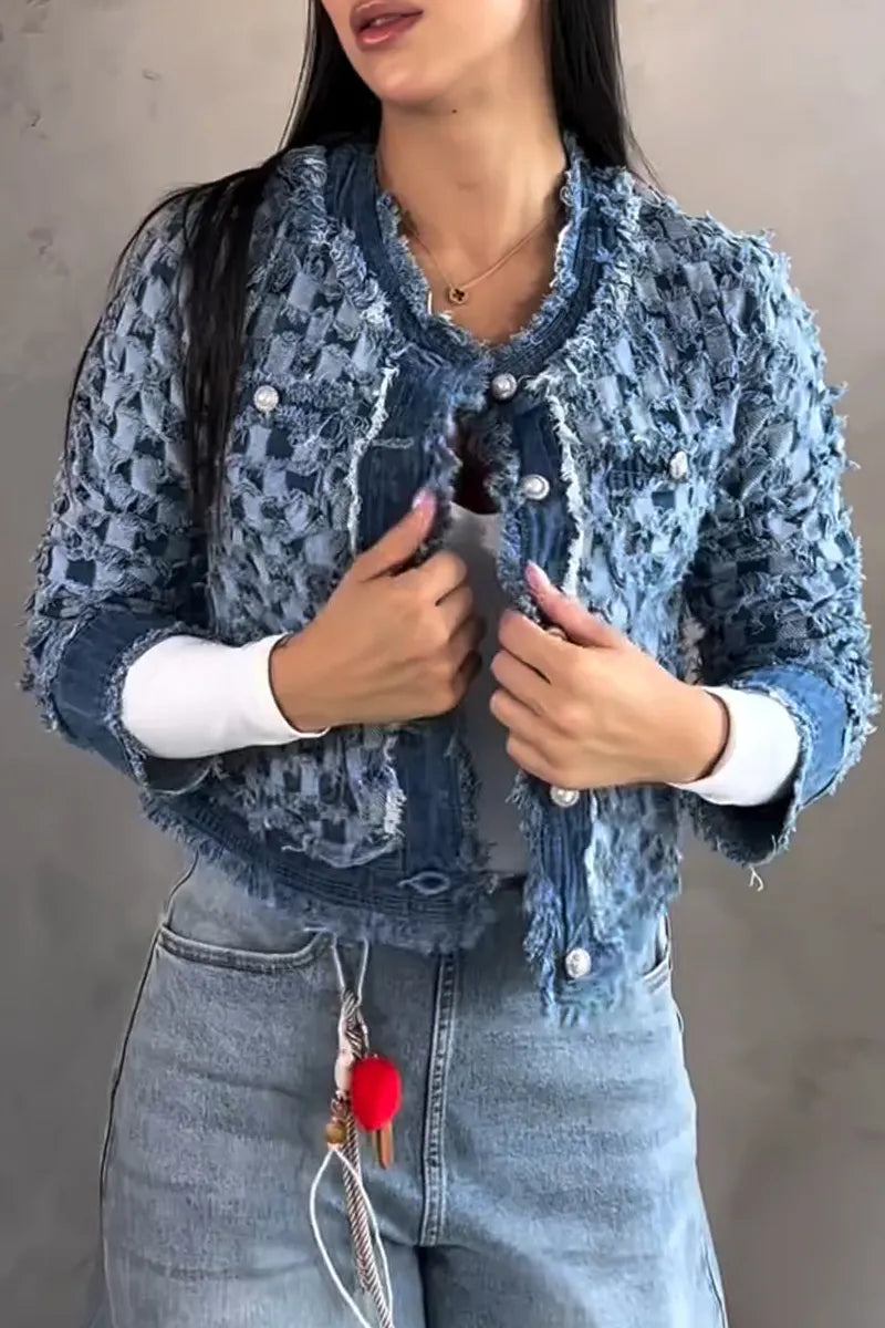 Women's Round Neck Buckle Spliced Denim Jacket or Washed Wide Leg Jeans