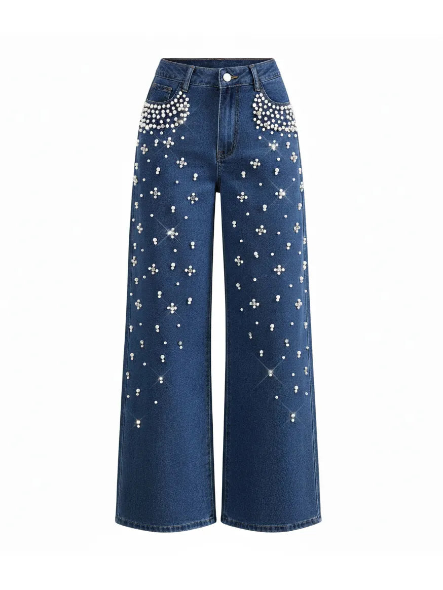 Casual Loose Fit Beaded Straight Leg Jeans