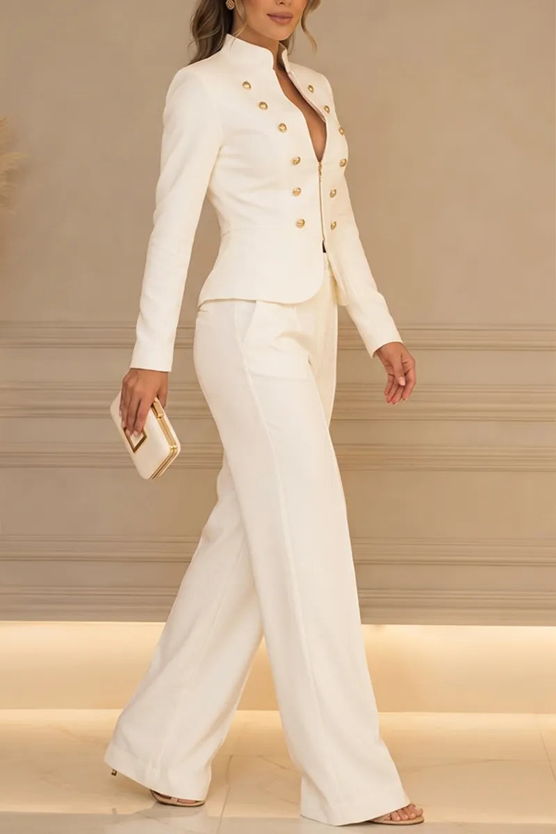 Women's Elegant Button Decoration Slim Blazer Suit Pants Two-Piece Set