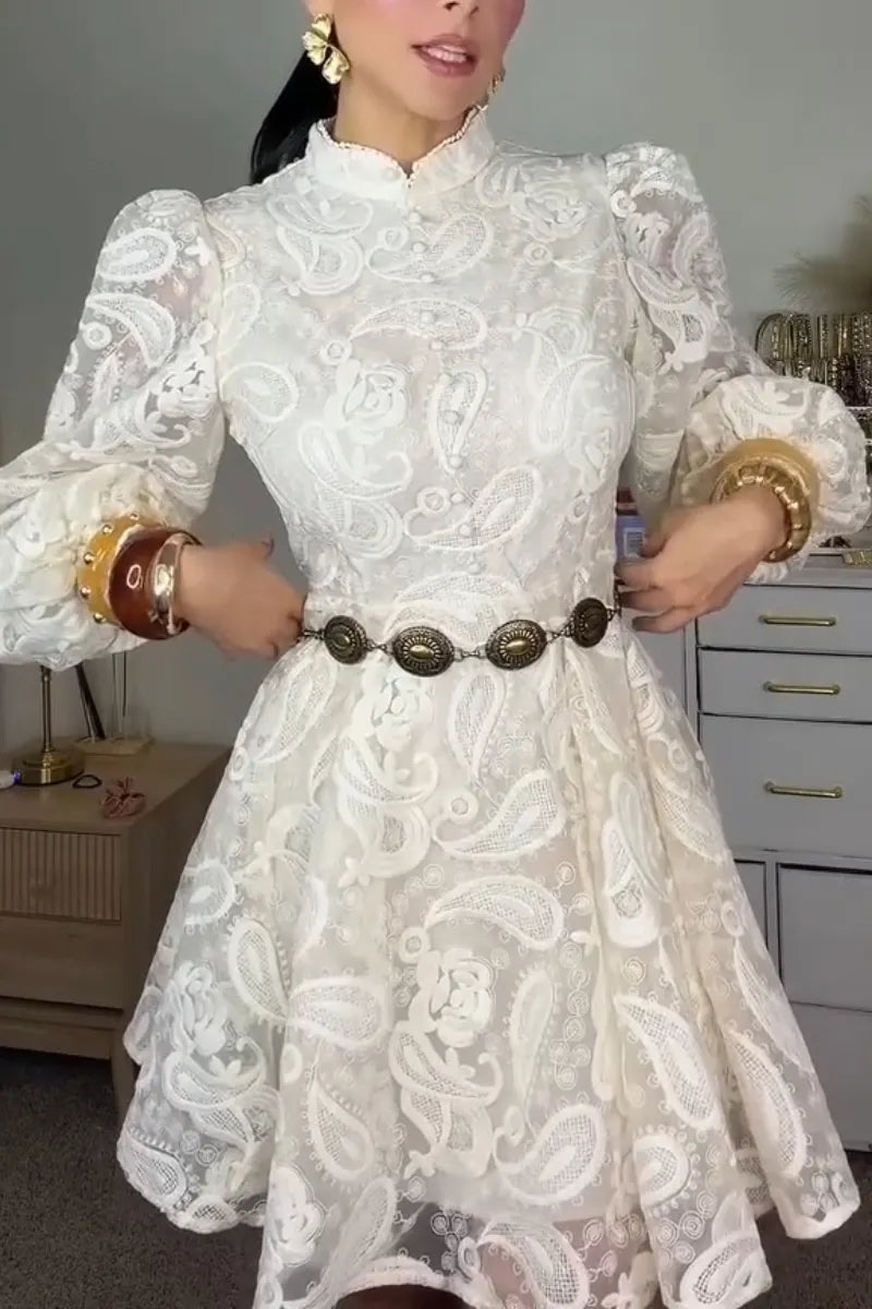 Women's Round Neck Waist Cinched Buckle Pattern Elegant Temperament Midi Dresses