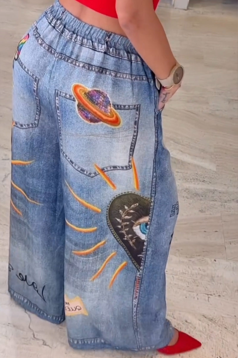 Women's Casual Faux Denim Pattern Print Wide Leg Pants
