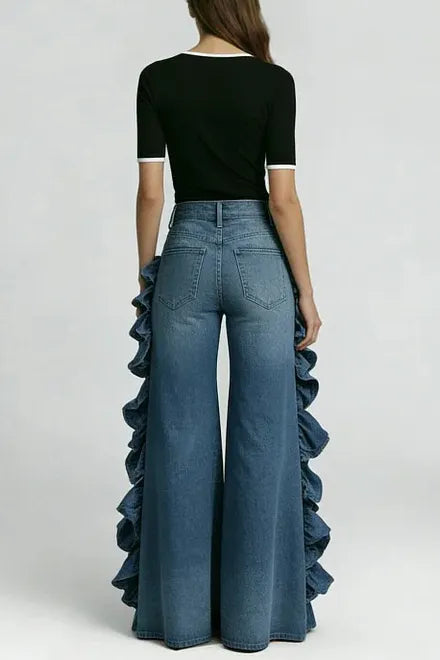 Women's High Waist Ruffle Trim Wide Leg Jeans
