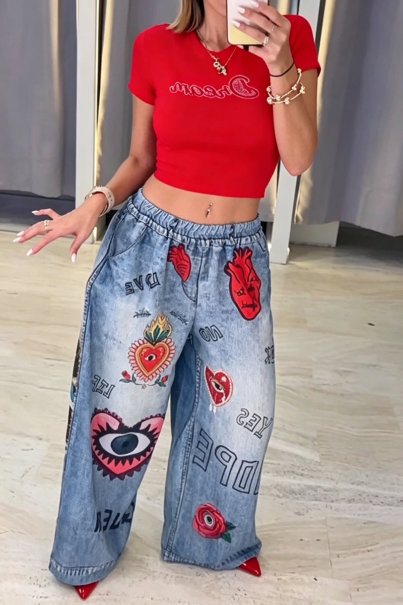 Women's Casual Faux Denim Pattern Print Wide Leg Pants