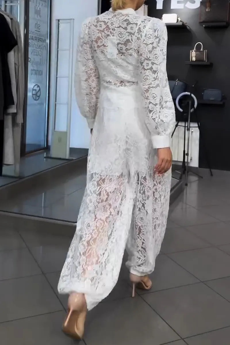 Women's Elegant Button Decoration Lace Shirt or Pants