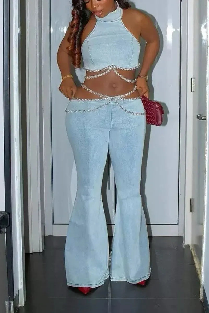 Women's Sparkling Rhinestone Trim Denim Halter Top Or High Waist Flare Pants