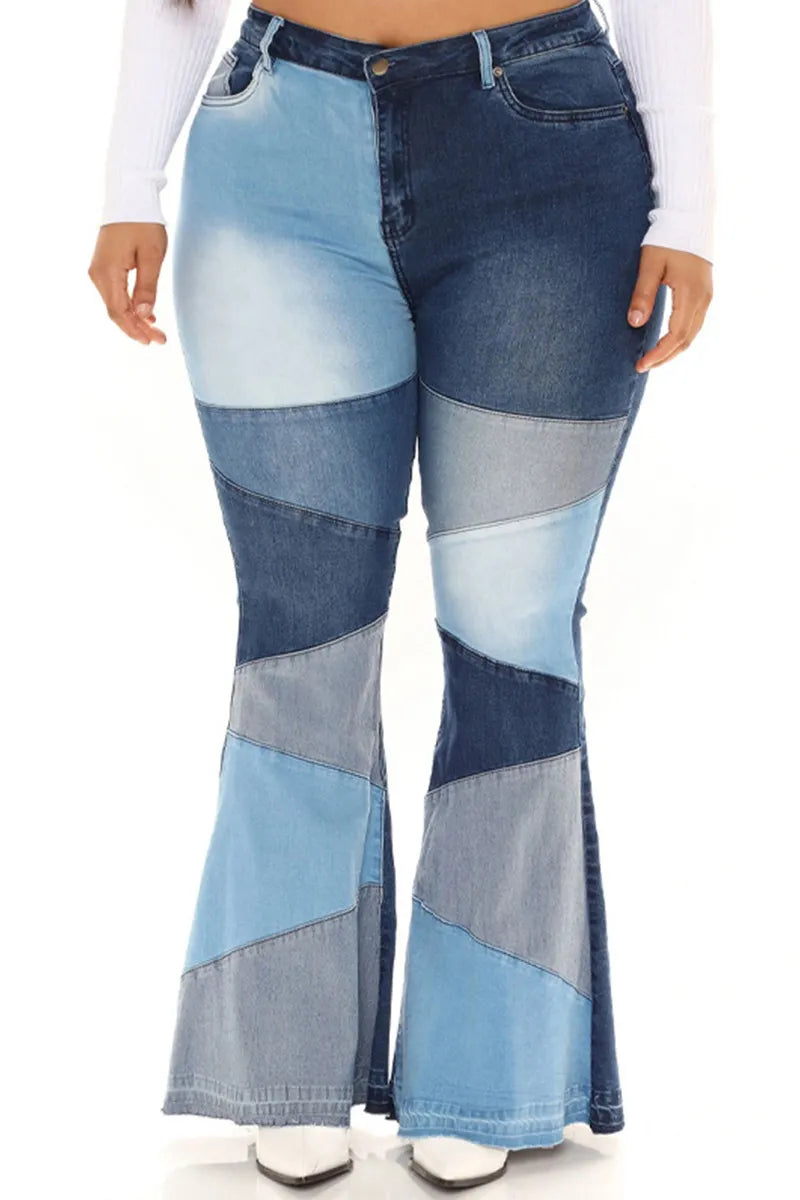 Fashion Color Block Stretch Flare Jeans