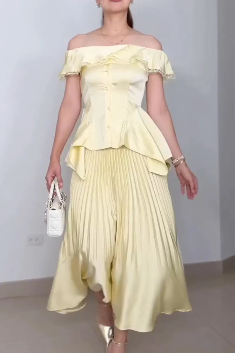 Women's Off Shoulder Waist Top+ Pleated Half Skirt Elegant Temperament Set
