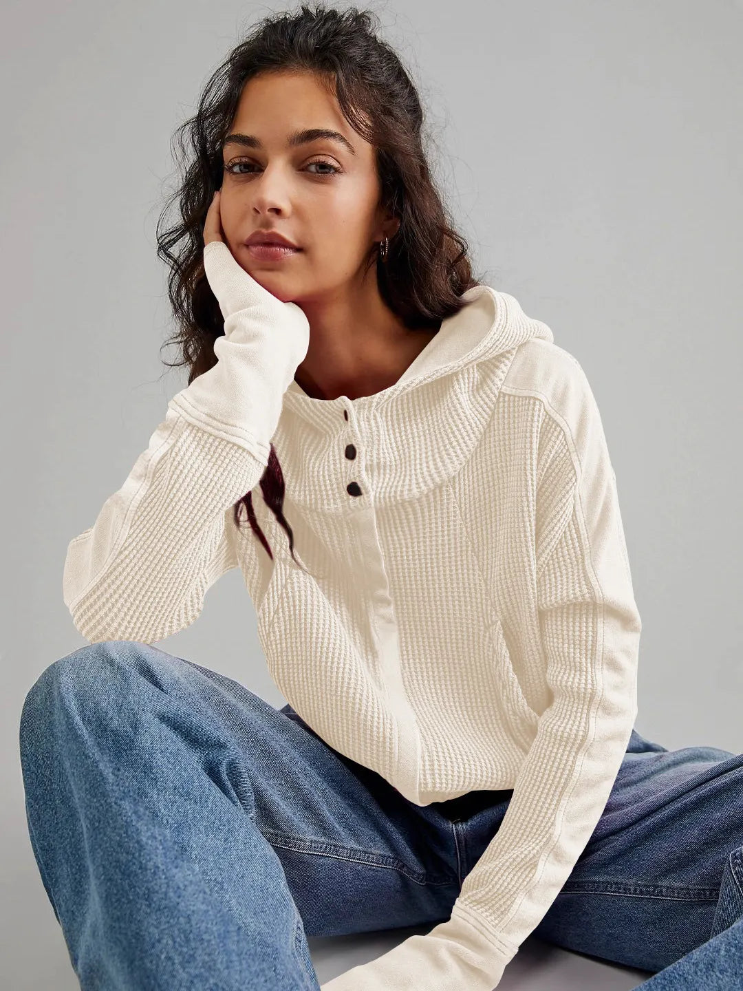 Casual Textured Knit Hoodie Sweatshirt Jacket