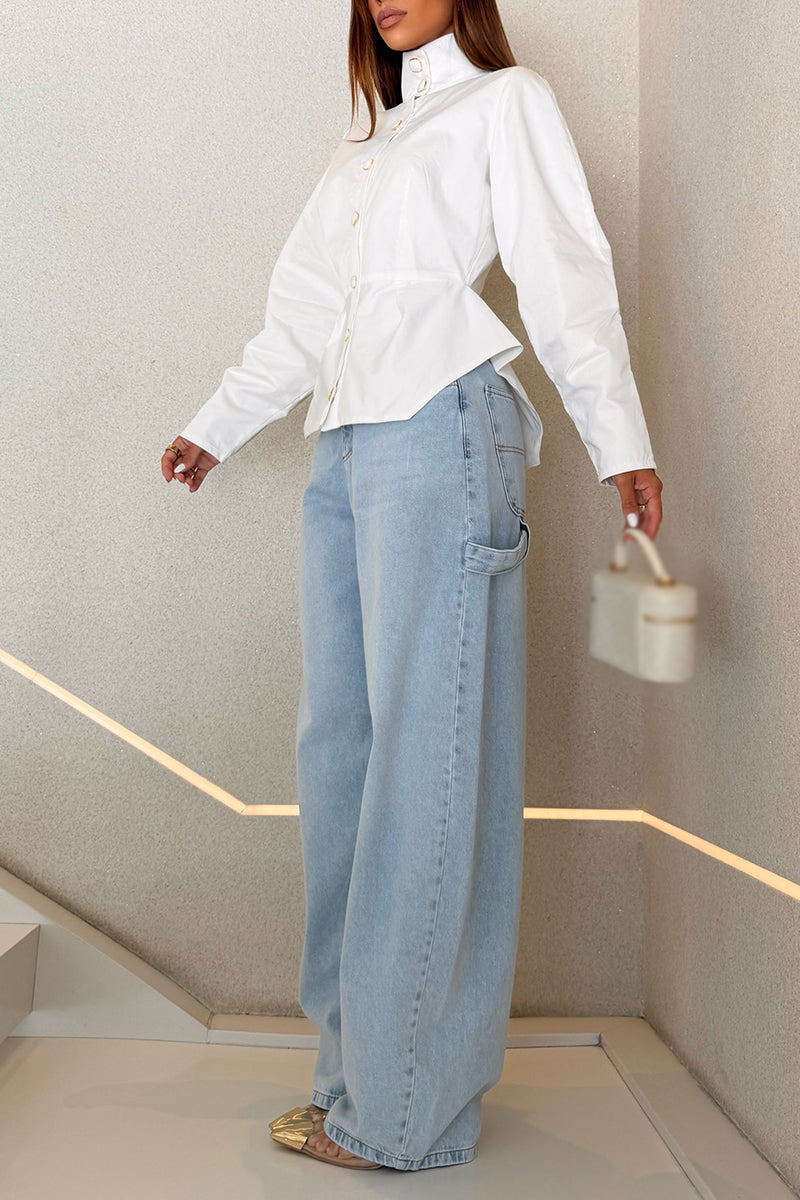 Women's Standing Collar Buckle Waist Cinching Elegant Casual Shirt