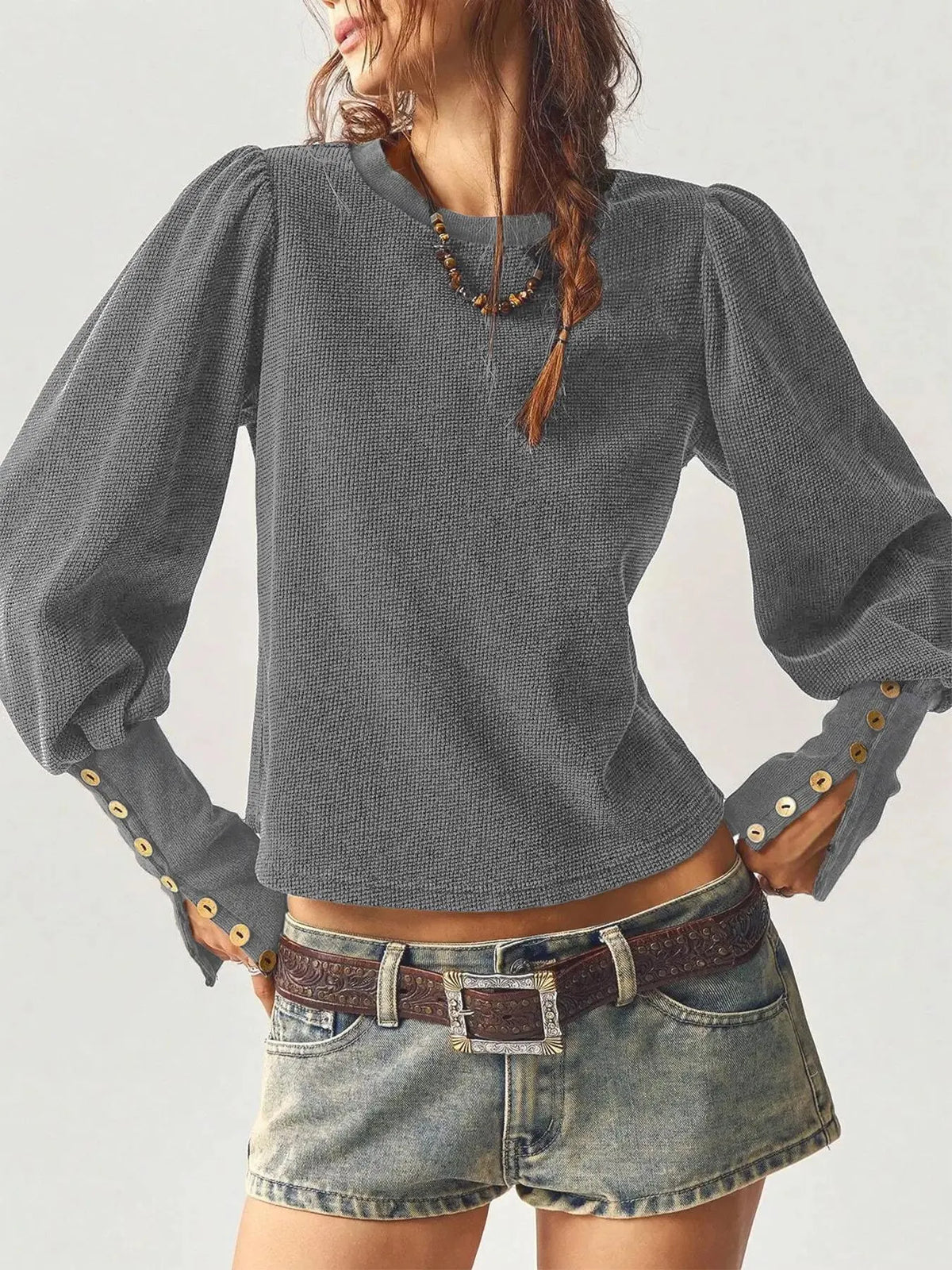 Casual Warm Textured Knit Puff Sleeve Top