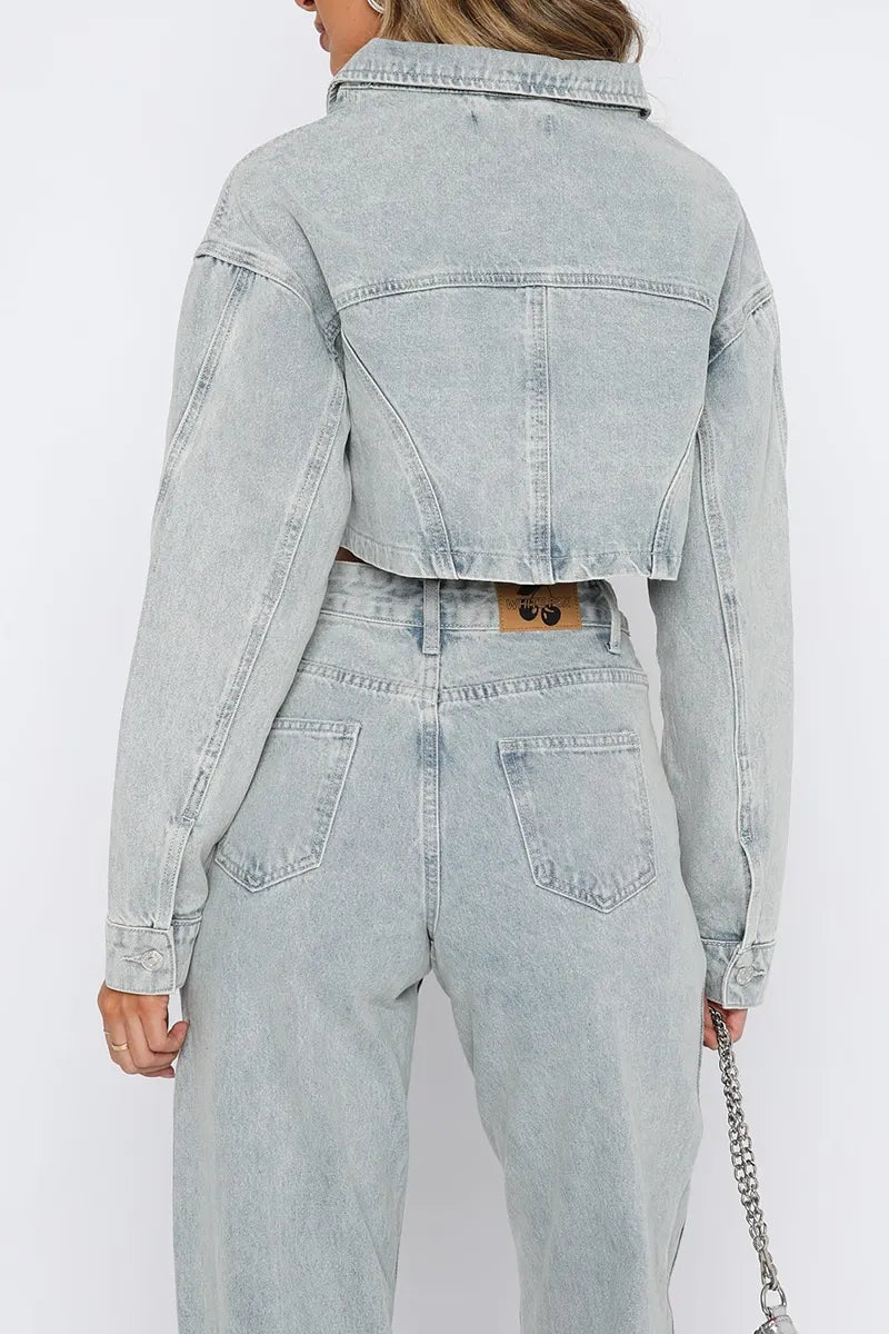 Women's Best-Selling Casual Cropped Denim Jacket& Wide Leg Jeans
