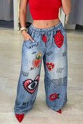 Women's Casual Faux Denim Pattern Print Wide Leg Pants