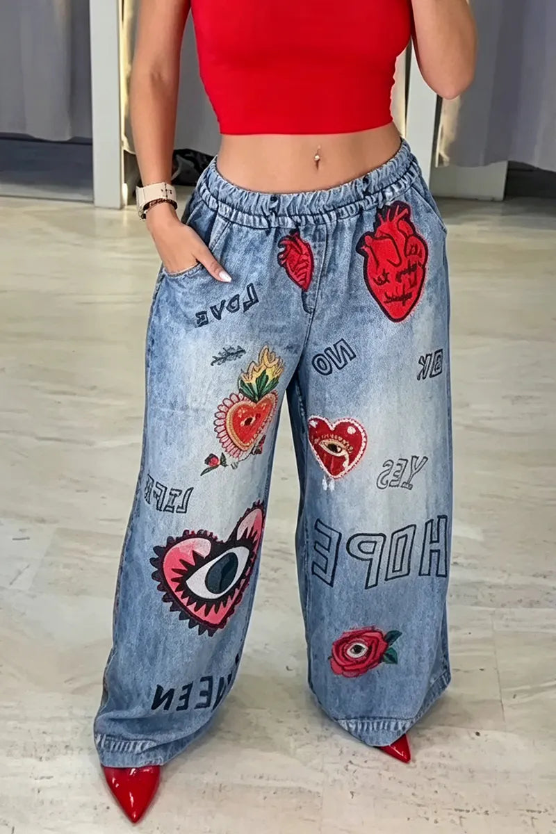 Women's Casual Faux Denim Pattern Print Wide Leg Pants